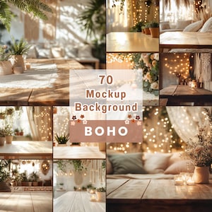 70 Boho Table Mockup Backgrounds: Product Display (PNG)
