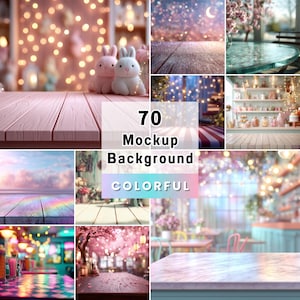 Könnte beinhalten: Eine Collage von 9 farbenfrohen Mockup-Hintergründen. Die Hintergründe umfassen einen rosa Holztisch, eine glitzernde Oberfläche mit einem Mond, einen Glastisch mit Kirschblüten und eine Café-Umgebung. Der Text lautet "70 Mockup Background COLORFUL."