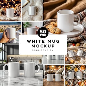 White Mug Mockups - 60 PNG, 11oz Ceramic Coffee Mug (Digital Download)