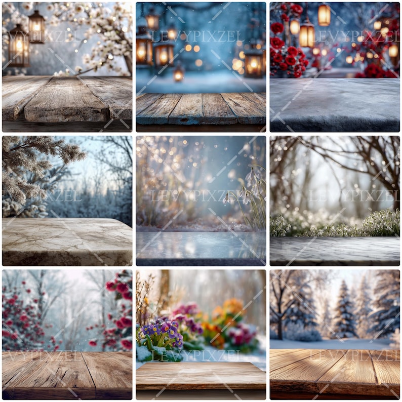 A minimal winter mockup background with a smooth white tabletop and a subtle cool-toned gradient backdrop. Light snowflake textures are scattered softly across the surface, adding a gentle seasonal touch without overwhelming the composition. The lighting is bright yet soft, creating a fresh and airy winter feeling. The layout is clean and modern, with plenty of empty space for placing products or text. This background is perfect for showcasing minimalist designs or winter-themed branding visuals