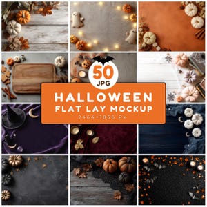 Halloween Flat Lay Mockup Bundle: Product Display Backgrounds (50 PNG, 2048x2048px, Digital Download)