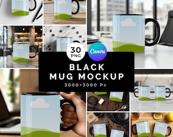 Svart mugg Mockup-paket - 30 PNG- och Canva-mallar, Kaffekopp 340 ml