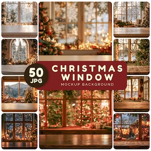 May include: A collection of 50 digital JPG files featuring Christmas window mockup backgrounds. Each image displays a wooden surface in the foreground with a festive window view, decorated Christmas trees, and warm string lights in the background.