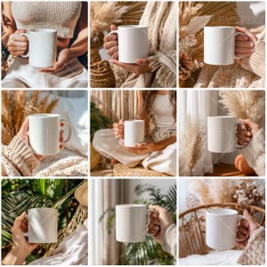 A 11oz white sublimation-style mug mockup surrounded by bohemian decorative elements, including dried plants, woven baskets, soft cotton fabrics, and natural-toned accessories. The setup uses warm earthy hues, layered organic textures, and soft directional lighting that casts gentle shadows across the scene. The arrangement creates depth without overwhelming the mug, which remains centered and clearly visible. The combination of dried botanicals, handcrafted materials.