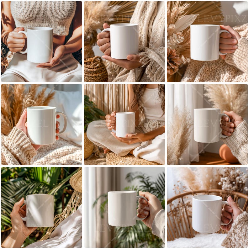 A 11oz white sublimation-style mug mockup surrounded by bohemian decorative elements, including dried plants, woven baskets, soft cotton fabrics, and natural-toned accessories. The setup uses warm earthy hues, layered organic textures, and soft directional lighting that casts gentle shadows across the scene. The arrangement creates depth without overwhelming the mug, which remains centered and clearly visible. The combination of dried botanicals, handcrafted materials.
