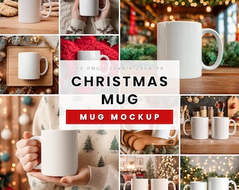 May include: A collection of white ceramic mugs, perfect for holiday-themed designs. The image features various mugs in different settings, including close-ups and lifestyle shots, with Christmas decorations in the background. The text on the image says "Christmas Mug" and "Mug Mockup".