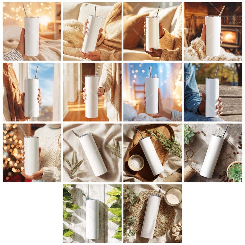 Canva tumbler mockup with ready-to-use white product, Stainless steel tumbler with design space on clean table, Top-down mockup of tumbler with customizable area in center, Photorealistic tumbler mockup with editable Canva template, Simple product mockup with blank tumbler for display, Straight-on PNG tumbler isolated for easy overlay, 20oz skinny tumbler on soft background for brand presentation, Neutral tumbler mockup for minimal or boho-style shops, product mockup featuring tumbler on desk