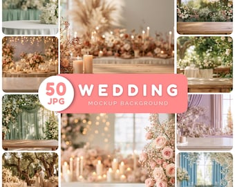 Hochzeits-Mockup-Hintergrundpaket – 50 JPG-Dateien, luxuriöse florale Hochzeitsszene, Produktpräsentationen (Digitaler Download)