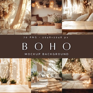 70 Boho Table Mockup Backgrounds: Product Display (PNG)