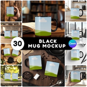 May include: A black ceramic mug featuring a graphic print of a light blue sky with a white cloud above a green rolling hill. The mug has a black handle and a black interior rim. The text 30 BLACK MUG MOCKUP is displayed in the center of the image.