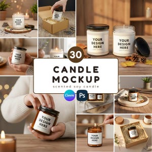 Mockup-bundel geurkaarsen: doorzichtige en amberkleurige potten, 30 png/psd/canva (3000 x 3000 pixels)
