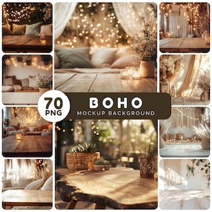 Boho Table Mockup Backgrounds: Product Display (70 PNG, Digital donwload)