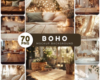 Boho Table Mockup Backgrounds: Product Display (70 PNG, Digital donwload)