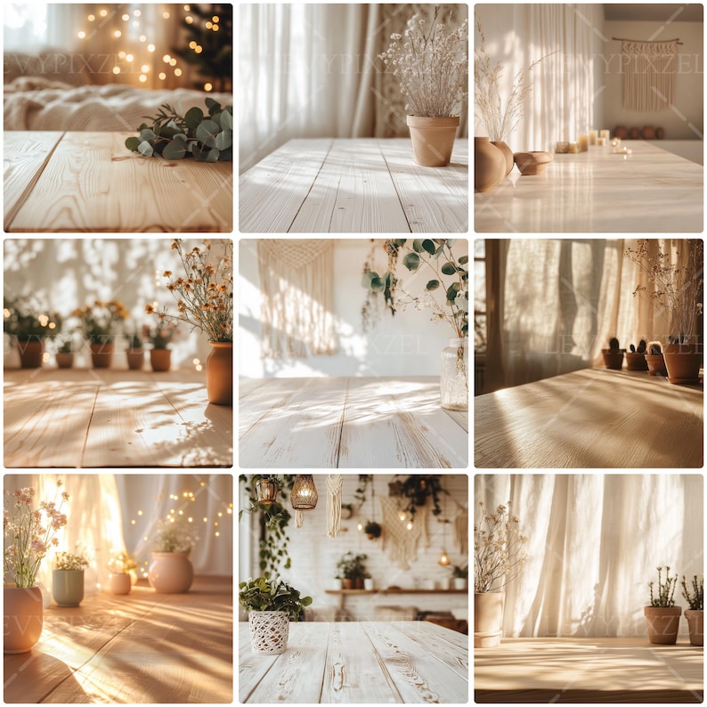 A warm Boho-style background featuring soft earth tones in beige, cream, and light brown. The surface has a subtle natural texture resembling woven fabric or handmade paper, adding a gentle organic feel. Faint geometric tribal patterns blend into the backdrop, paired with soft shadows of dried leaves and diffused sunlight falling from one side. The overall scene feels cozy, minimal, and natural, creating an inviting space for showcasing products, text, or design elements without distracting.