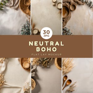 Puede incluir: Una maqueta de diseño plano con un tema boho neutro. La imagen presenta cestas tejidas, velas, cuencos de madera, plantas secas y tela. El texto "NEUTRAL BOHO" y "FLAT LAY MOCKUP" se muestra en una pancarta marrón.
