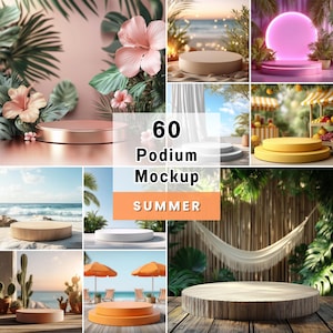 Puede incluir: Un collage de 9 imágenes que muestran maquetas de podios con temas de verano. Las imágenes presentan varios diseños de podios, incluidas plataformas redondas y escalonadas, sobre fondos de playa, florales y tropicales. El texto dice "60 Podium Mockup SUMMER."