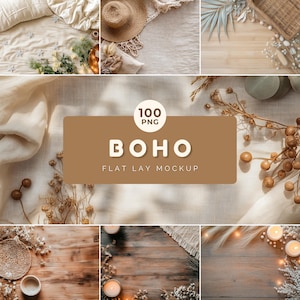 Boho Flat Lay Mockup Bundle: 100 PNG Product Backgrounds (2464x1856 px)