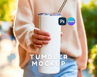Tumbler Mockup - 20oz Skinny, Canva & Photoshop PSD, Lifestyle Hand-Held Scene