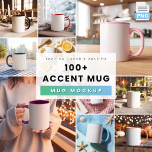May include: A collection of white accent mugs with colored handles and rims. The mugs have various accent colors, including black, red, pink, yellow, blue, and orange. The image includes the text "100+ ACCENT MUG MUG MOCKUP".