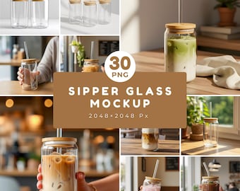 May include: A mockup featuring several clear glass sipper cups with bamboo lids and clear straws. The cups are filled with various beverages, including iced coffee and a pink drink. The image includes the text "SIPPER GLASS MOCKUP" and "30 PNG".