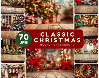 クリスマスのモックアップ背景 - 70枚のJPG画像、お祝いムード満点の製品ディスプレイ、クラシックなクリスマス（デジタルダウンロード）