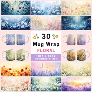 30 blommiga muggomslag: Akvarell PNG-designer (300 g och 450 g) (digital nedladdning)