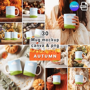 May include: A collection of 30 mug mockups in Canva and PNG formats, featuring a design of a blue sky with a white cloud and green hills. The word "AUTUMN" is displayed with fall leaves.