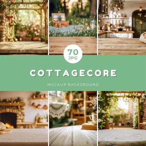 Cottagecore-mockupachtergronden: 70 jpg, tafelachtergrond, productweergave