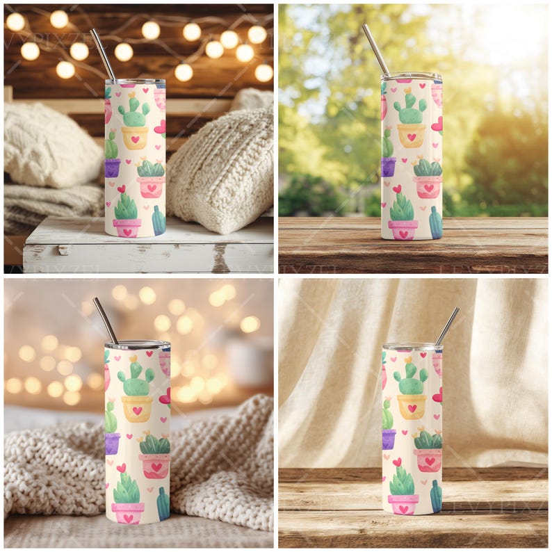 Mockup of tumbler with customizable lid and shadow details, Tumbler mockup with balanced light for clear branding preview, Modern mockup of tumbler standing upright on solid background, Custom product mockup with white insulated tumbler, Blank tumbler with straw on Canva template layout, PNG tumbler image for Etsy listings or social media, Tumbler with clean background and natural shadows, White tumbler mockup with elegant soft tones, Side view of tumbler with realistic stainless look
