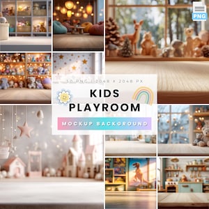 May include: A composite image featuring various kids' playroom mockups. The central image displays the text "KIDS PLAYROOM MOCKUP BACKGROUND" with a flower and rainbow graphic. Other images show toy shelves, wooden tables, and decorative elements.
