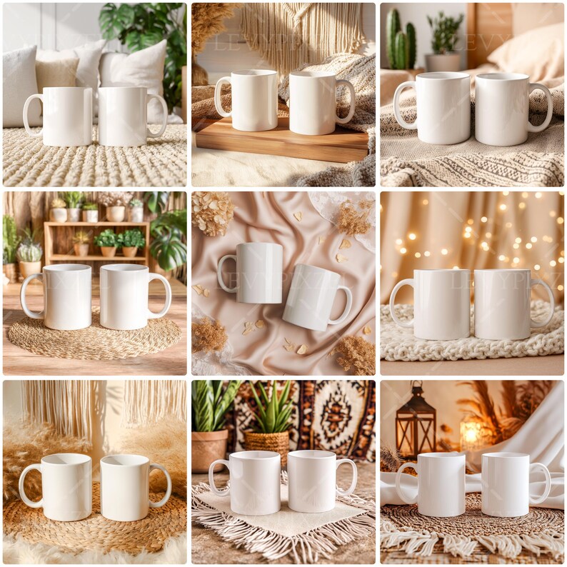 A neutral-toned boho mug mockup showing a blank white coffee cup placed within a softly lit environment. The background features muted beige shades, minimal woven textures, and delicate natural elements positioned to create a calm atmosphere. Soft shadows fall across the smooth surfaces, enhancing the warm, understated mood. The overall composition highlights the mug clearly while maintaining a gentle bohemian aesthetic with subtle depth and natural harmony in the surrounding décor.