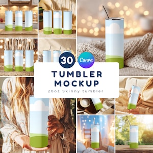 Puede incluir: Una colección de vasos delgados de 20 oz con un diseño de cielo y paisaje. Los vasos presentan un cielo azul con nubes blancas, un campo verde y una pajita plateada. La imagen incluye el texto "TUMBLER MOCKUP" y "20oz Skinny tumbler".