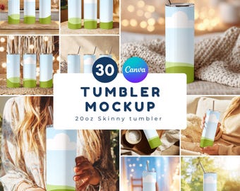 Tumbler Mockup Bundle: 20oz Skinny Tumbler, 30 PNG, Canva Templates