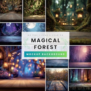 May include: Nine digital backgrounds showcasing magical forest scenes. The images include wooden surfaces, glowing lanterns, and a full moon, with the text "MAGICAL FOREST MOCKUP BACKGROUND".