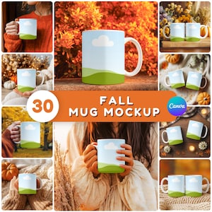 May include: A white ceramic mug featuring a graphic print of a single white cloud in a light blue sky above rolling green hills. The mug has a curved handle and is displayed in various autumn-themed settings, including with pumpkins and foliage.