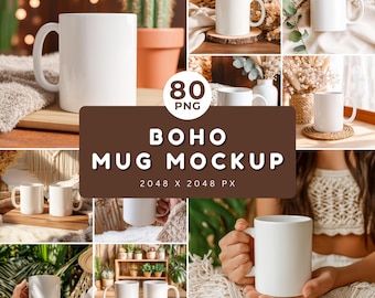 Boho Mug mockup Bundle - 80 PNG, 11oz White Ceramic Mug (2048x2048)