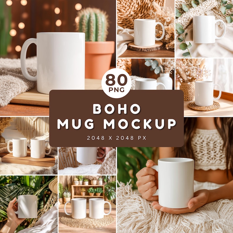 A boho-style mug mockup showing a blank white ceramic mug placed on a soft neutral surface with tall pampas grass arranged in the background. The scene features natural beige tones, dried floral textures, and gentle warm lighting that casts soft shadows across the area. Subtle details like the airy grass plumes, muted earthy palette, and organic decorative elements create a relaxed bohemian atmosphere while keeping the mug clearly centered within the serene composition.