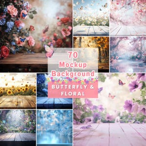 May include: 70 Mockup Background Butterfly & Floral. A collage of images featuring various floral and butterfly designs. Each image features a wooden surface, perfect for showcasing products.