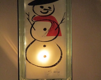 Snowman Lighted Glass Block, Holiday Mantel Decor