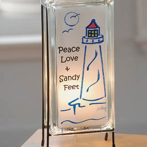 Peace Love and Sandy Feet Lighthouse lighted glass block, upcycled nautical decor, retro beach house decor