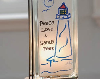 Peace Love and Sandy Feet Lighthouse lighted glass block, upcycled nautical decor, retro beach house decor