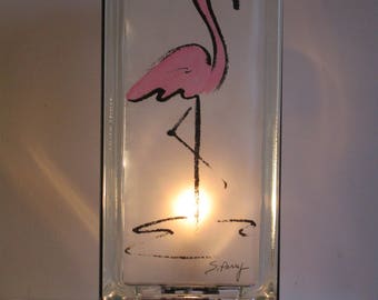 Pink Flamingo Lighted Glass Block, Upcycled Tropical Night Light