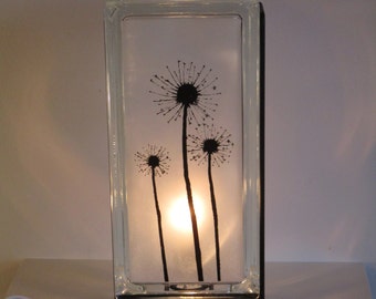Dandelion Night Light, Upcycled Glass Block Lamp, Glowblock Decor