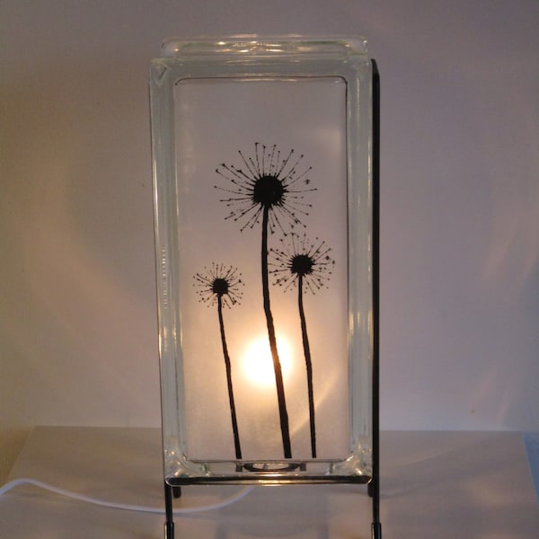 Dandelions lighted glass block, upcycled retro glass block dandelion night light, spring decor, wedding gift, gift for mom