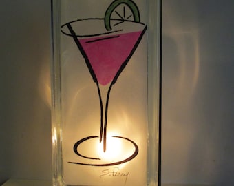 Cosmopolitan drink lighted glass block, upcycled retro  bar lamp, Cosmo Drink accent lamp, bar decor, gift for wife