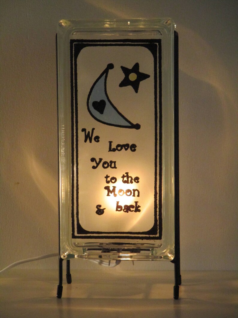 To the Moon and Back glass block light, kids bedroom lamp, retro nursery art, baby shower gift, baby gift, birthday gift image 1