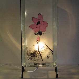 Lotus lighted glass block, zen decor, tropical decor, upcycled retro decor, glass block lotus, meditation gift, yoga gift image 1