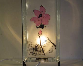 Lotus lighted glass block, zen decor, tropical decor, upcycled retro decor, glass block lotus, meditation gift, yoga gift
