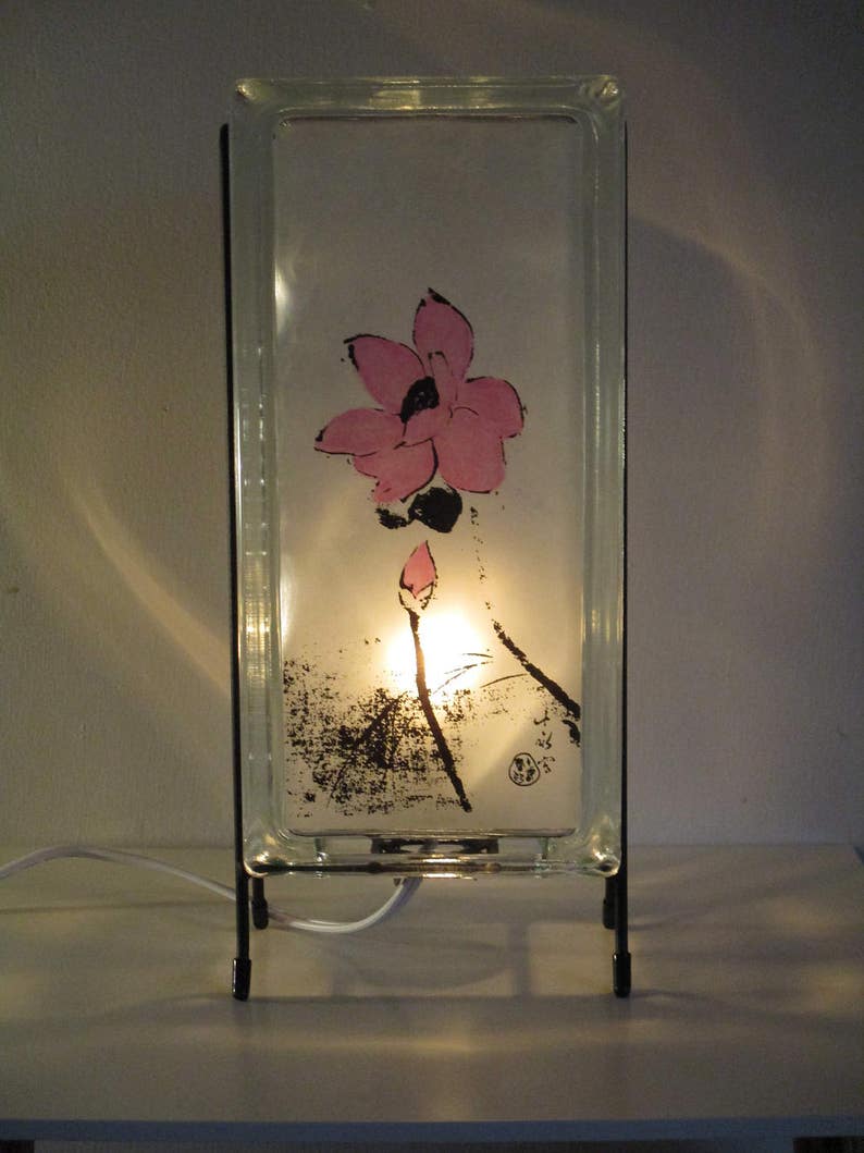 Lotus lighted glass block, zen decor, tropical decor, upcycled retro decor, glass block lotus, meditation gift, yoga gift image 1