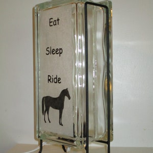 Horse Lighted Glass Block, Eat Sleep Ride horse night light, upcycled retro decor, horse lover gift, horse lamp image 2